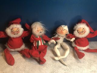 4 Vintage Annalee Mobilitee Christmas Santa’s And White Elf - 1961 & 1962