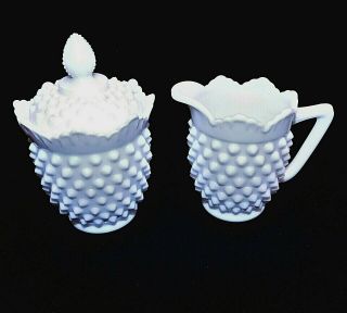 Vintage Fenton Hobnail Milk Glass Creamer & Sugar Bowl With Lid,  Ex Cond