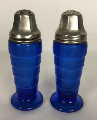 Vintage Moderntone Cobalt Blue Glass Salt Pepper Shakers Hazel Atlas 1934 - 1942