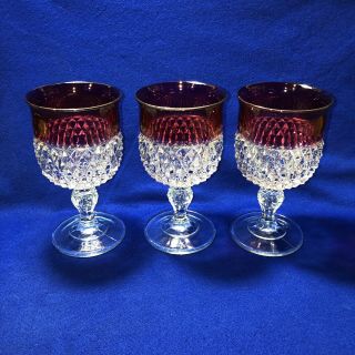 3 1966 Indiana Glass Ruby Flash Diamond Point Wine Water 10 Oz.  Goblets Glasses