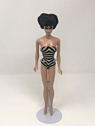 Vintage 1960s Barbie Brunette Bubblecut Doll With Zebra Swimsuit