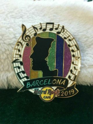 Hard Rock Cafe Pin Barcelona Pride Flag Colors In Frame W Guy & Girl Silhouettes