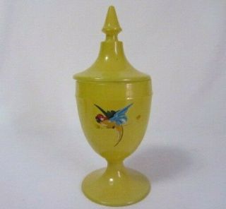 Vintage 9 - 1/2 " Yellow Hand Painted Parrot Candy Dish With Lid