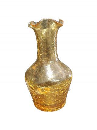 Vintage Mid Century Hand Blown Amber Gold Crackle Glass Vase W/ Crimped Edge