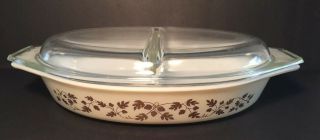 Vintage Pyrex Divided Dish Golden Acorn W/ Lid Oval 1.  5 Qt Usa Smoke Home