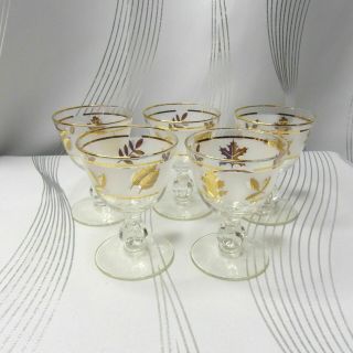 5pc Set Vintage Libbey Autumn Gold Leaf Frosted Cordial Sherbet Footed Glasses