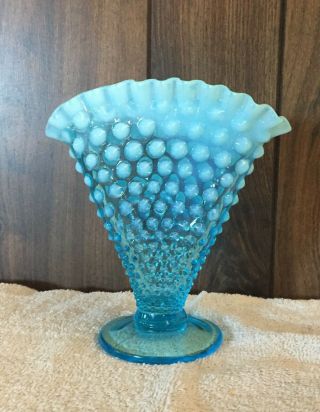 Vintage Fenton Blue Opalescent Hobnail Fan Vase Antique Art Glass 6 "