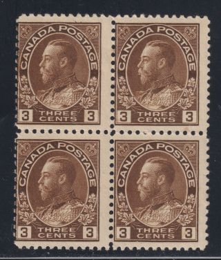 Canada Scott 108 1918 Vg Mnh 3¢ Brown Kgv Admiral Wet Printing Block Scv $200.  00