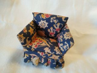 Dollhouse Dixie Doll Co.  Upholstered Arm Chair Blue/yellow Nautical,  Living Room