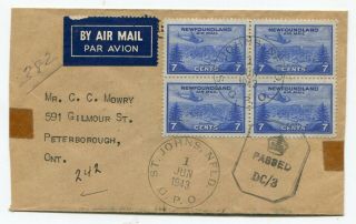 Newfoundland Nfld - St Johns 1943 Airmail Block - Registered Censor / Rpo Cover