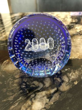 Caithness 2000 Millennium Paperweight Cobalt With Controlled Bubbles