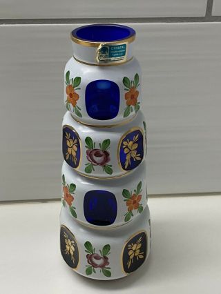 Bohemian Cobalt Blue Glass White Overlay Luster Vase Hand Blown German