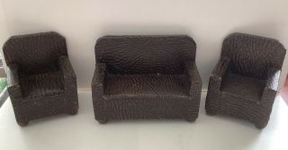 Vintage Pit - A - Pat Dolls House 3 Piece Suite Sofa And Two Armchairs Rexine