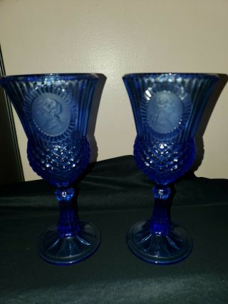 Vintage Avon By Fostoria Glass 8 " Cobalt Blue George & Martha Washington Goblets