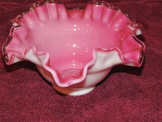 Fenton Vintage Cranberry Pink Opalescent Cased Glass Ruffled Bowl