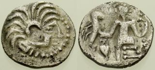 027.  Celtic Silver Coin.  Danubian Celts,  Ar Drachm,  Alexander Iii Style.  Avf