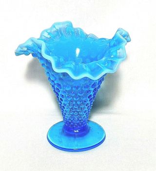 Vintage Aqua Blue Opalescent Hobnail Vase With Ruffled Edges Unmarked Fenton?