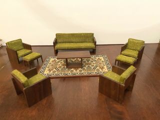 Vintage Dollhouse Miniature Mcm Modern Wood Couch Chairs Table Ottoman Green
