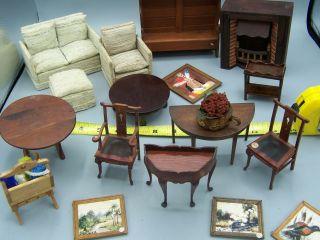 12 Vintage Miniature Doll House Wood Furniture Tables 1 Signed Chairs Sofa Bench