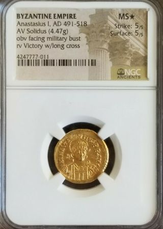 Byzantine Empire Anastasius Solidus Ngc ⭐ Ms 5/5 Ancient Gold Coin