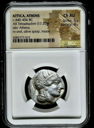 Attica Athens Athena Owl 440 - 404 Bc Ar (silver) Tetradrachm Ngc Ch - Au 5/5 3/5