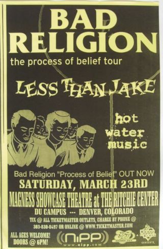 Bad Religion /less Than Jake 2002 " Process Of Belief Tour " Denver Concert Poster