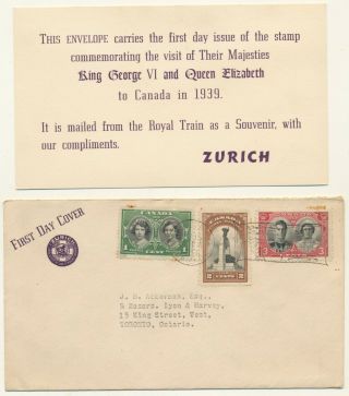 1939 First Day Cover Mailed In Royal Train Canada Queen Elizabeth Zurich Ins Co