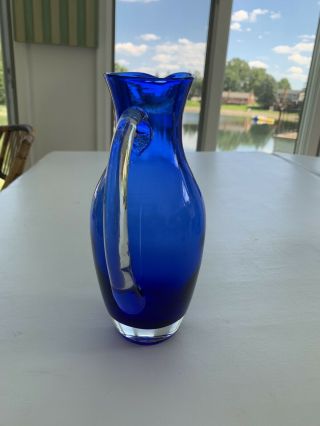 Vintage Hand Blown Cobalt Blue Glass Pitcher with Clear Handle 11 1/4” Tall 2