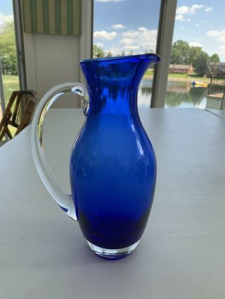 Vintage Hand Blown Cobalt Blue Glass Pitcher with Clear Handle 11 1/4” Tall 3