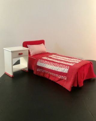 American Girl Molly’s Red Classic Bed And Bedding With Night Stand - Retired
