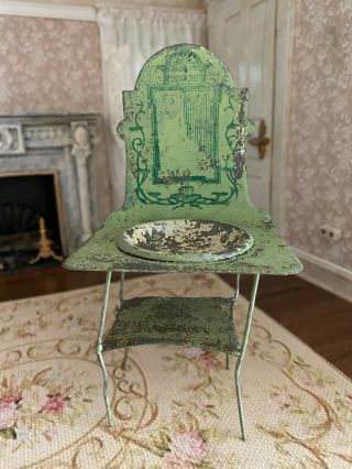 Antique Miniature French Dollhouse Distressed Chippy Green Tin Wash Stand 1920 
