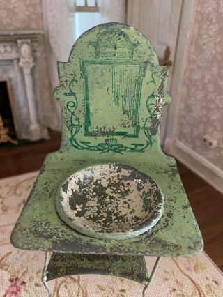Antique Miniature French Dollhouse Distressed Chippy Green Tin Wash Stand 1920 ' s 2
