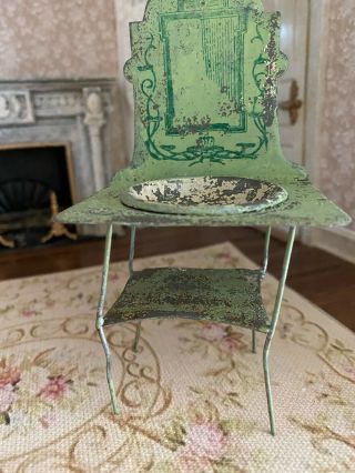 Antique Miniature French Dollhouse Distressed Chippy Green Tin Wash Stand 1920 ' s 3