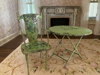Antique Miniature French Dollhouse Distressed Chippy Green Table & Chair 1920 