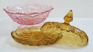 Vintage Depression Glass Yellow Butter Dish/pink Rose Bowl