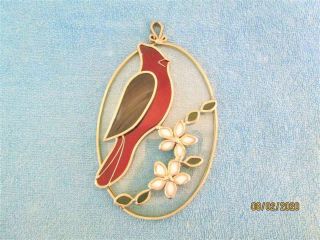 Vintage Tiffany Stained Glass Cardinal Bird & Flowers Sun Catcher