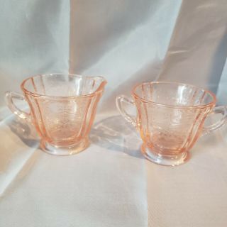 Pink Depression Glass Creamer And Double Handle Sugar Madrid Pattern