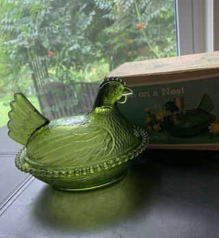 Vintage Indiana Glass Hen On Nest Olive Green Chicken Candy Dish Bowl Lid Box