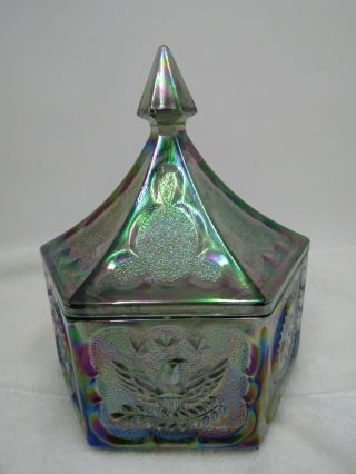 Vintage Carnival Glass Iridescent Blue Green Harvest Candy Dish With Lid