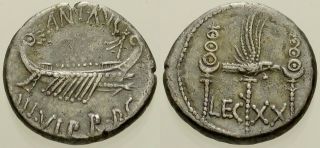 017.  Roman Silver Coin.  Marc Antony.  Ar Denarius.  Legion Xx.  Galley.  Vf