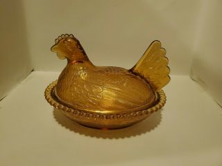 Vintage Indiana Glass Amber Chicken Hen On Nest Candy Covered Dish Lid 7 " Bowl