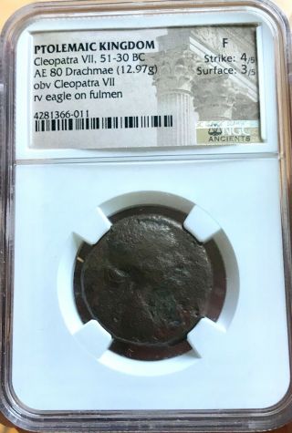 Ptolemaic Kingdom Cleopatra Vii Ancient Coin Ngc F 51 - 30 Bc Ae 80 Drachmae