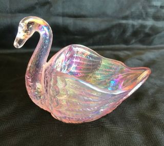 Vintage Imperial By Lenox Pink Iridescent Carnival Glass Swan Candy Trinket Dish