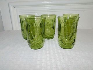 5 Vintage Green Juice Glasses Anchor Hocking Colonial Tulip Mcm Set