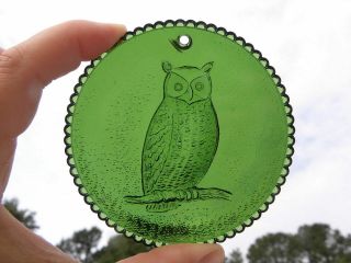 Vintage Green Wheaton Glass Embossed Suncatcher With An Owl