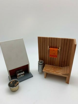Rare Vintage Lundby Dollhouse Furniture Fireplace Fire Logs And Sauna 1970s
