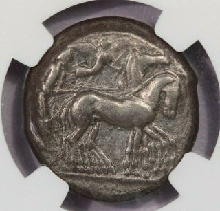 480 - 475 BC Sicily,  Syracuse AR Tetradrachm obv Nike over Quadriga NGC VF 2