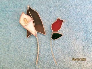 2 Vintage Tiffany Stained Glass Rose & Lilly Flowers Sun Catchers