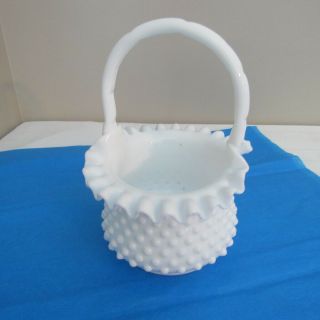 Vintage Milk Glass White Hobnail Basket Ruffled Edges W/handle