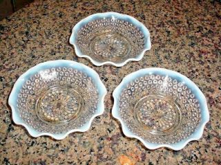 3 Vintage Fenton Moonstone Hobnail White Opalescent Dessert Bowls Ruffled Edge